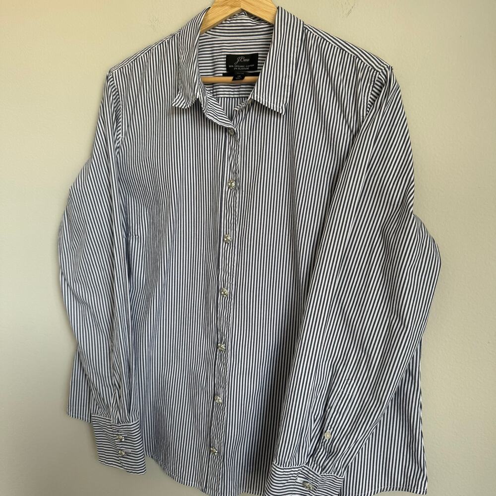 J.Crew Women Button Down Shirt Size 18 Navy White Stripe Jeweled Buttons Cotton - Picture 11 of 14
